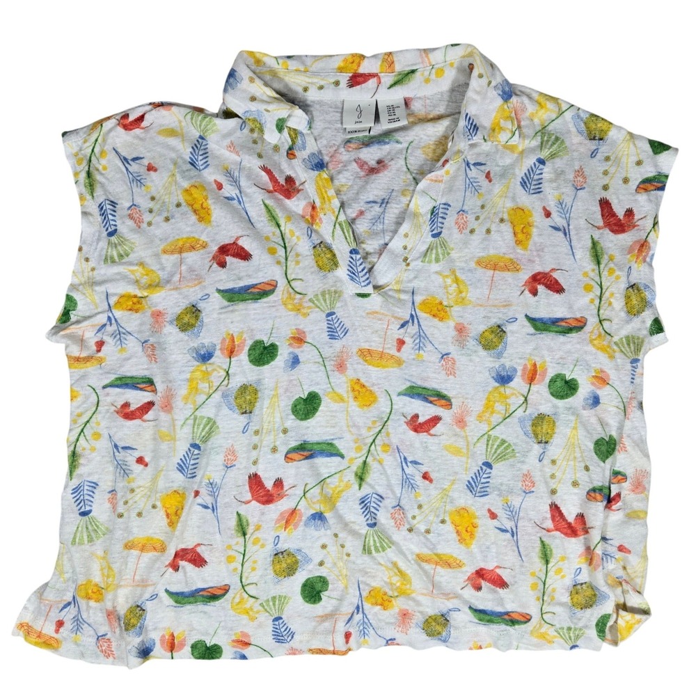 Joie Womens XL White 100% Linen Bird Floral Print Cap Sleeve V-Neck Polo Top